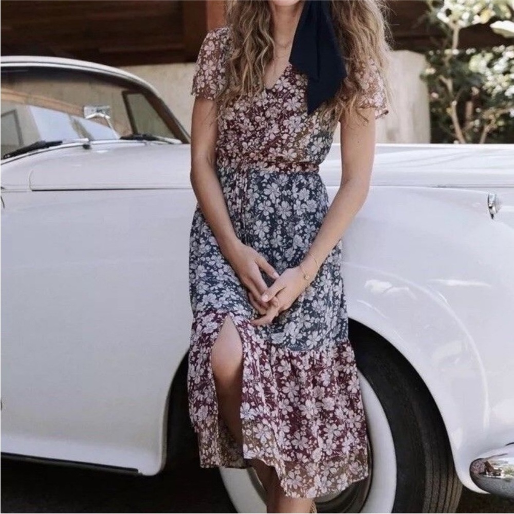 Anthropologie one september floral midi dress tie waist - size small